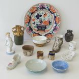 A Victorian Ironstone china plate, a/f, a small Ruskin bowl with blue mottled glaze, a/f,