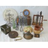 Vintage kitchenalia including wire egg stand, whisks, eel spear head, small cage, tape measure,