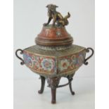 A fine 19th century enamelled cloisonné censer of square form with corner loop handles,