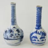 An 18thC Chinese bottle vase with slender neck, painted in blue with a landscape, figure and huts,