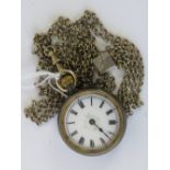 A white metal top wind fob watch having white enamel dial, Roman numerals and blued steel hands,