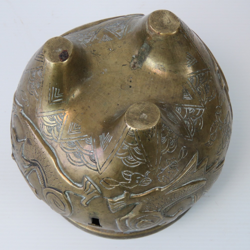 A Chinese brass censor of swollen tapered design incorporating three feet, - Image 3 of 7
