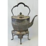 A large Mappin and Webb silver plated kettle on stand having spirit burner under,