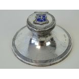 A fine HM silver capstan inkwell, lid lifting to reveal compartment within (ink liner deficient),