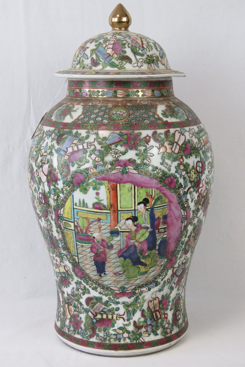 A large late 19th century Oriental Famille Rose ginger jar with lid, profusely decorated throughout, - Image 2 of 3