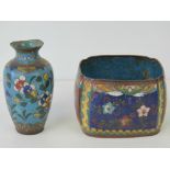 Two delightful small size items of cloisonné ware; a square shaped jardiniere, 10cm dia,