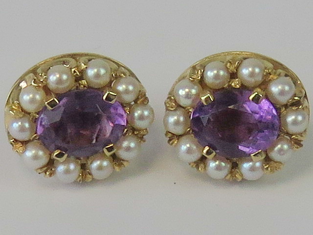 A pair of 9ct gold amethyst and pearl earrings,