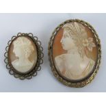 Two carved shell cameo brooches in gilt metal frames, each being a female portrait,