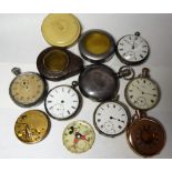 A collection of silver pocket watches and watch parts, including a gold plated 1/2 hunter case,