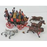 A handmade scale model London to Birmingham stagecoach and four complete with passengers,