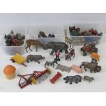 A collection of vintage lead farm animals and circus/wild animals,