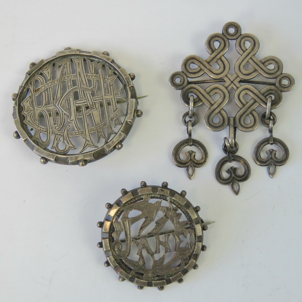 Two white metal monogram / name brooches for Jane and Blanch(?),