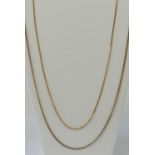 Two 9ct gold fine link chains, 64cm and 46cm respective lengths, 8.