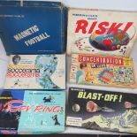 A collection of vintage board games including Soccerama, Spy Ring, Blast-Off!, Concentration, etc,