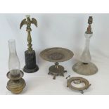 A cut glass table lamp a/f together with oil lamp, another lamp base a/f and a large metal tazza.