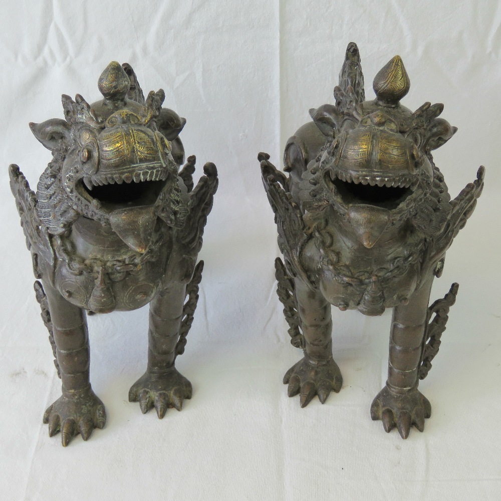 A fine pair of bronze fo temple dogs each ornately cast and standing 31cm high x 30cm in length. - Image 4 of 5