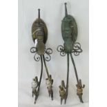 Two Edwardian brass twin sconce wall lights in the Classical style, for rewiring.