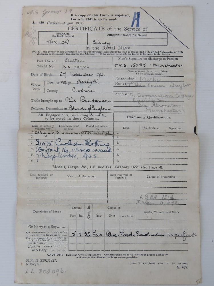 A WWII Royal Navy certificate of service