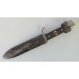 A WWII German Hitler Youth dagger complete with sheath and leather frog, clasp a/f, 14cm blade.