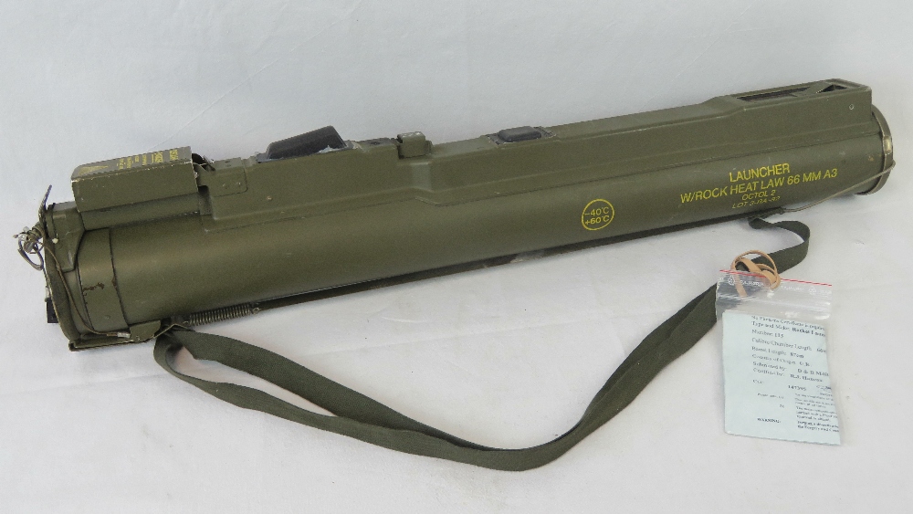A deactivated M72 LAW 66mm rocket launcher with sights. Complete with end cap and carry strap.