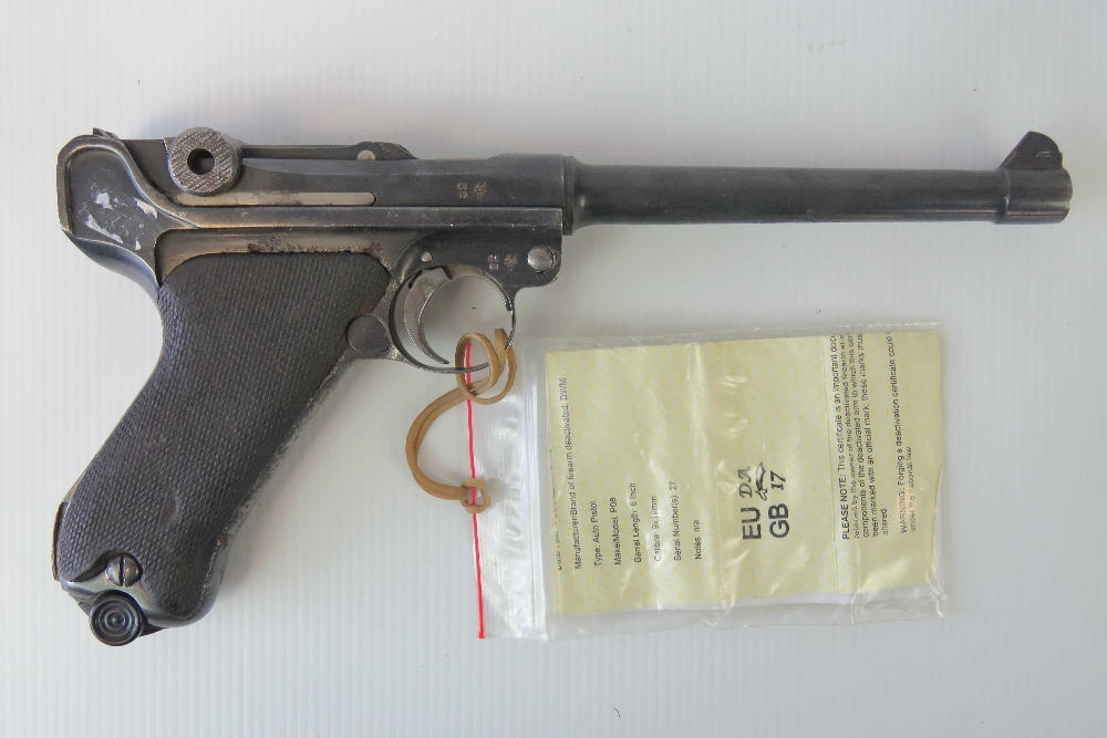 A deactivated ( EU Spec) commercial Luger 9mm pistol with 6" barrel. With certificate.