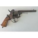 A 19th century Belgian pinfire 9mm calibre revolver having octagonal barrel and wooden handle.