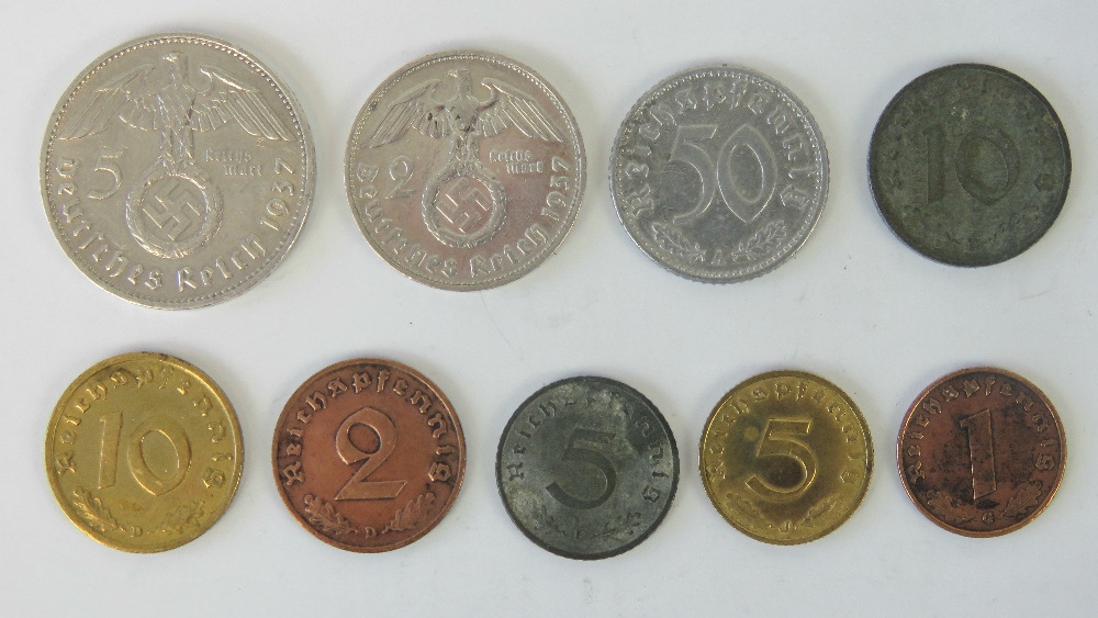 Nine WWII German Reichmark and Fennig coins. - Image 2 of 2