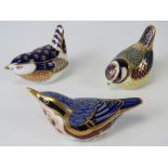 Three Royal Crown Derby bird paperweights, each with gold button/stopper, 11.5cm, 8.