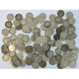 A quantity of half silver three pence coins, 5.