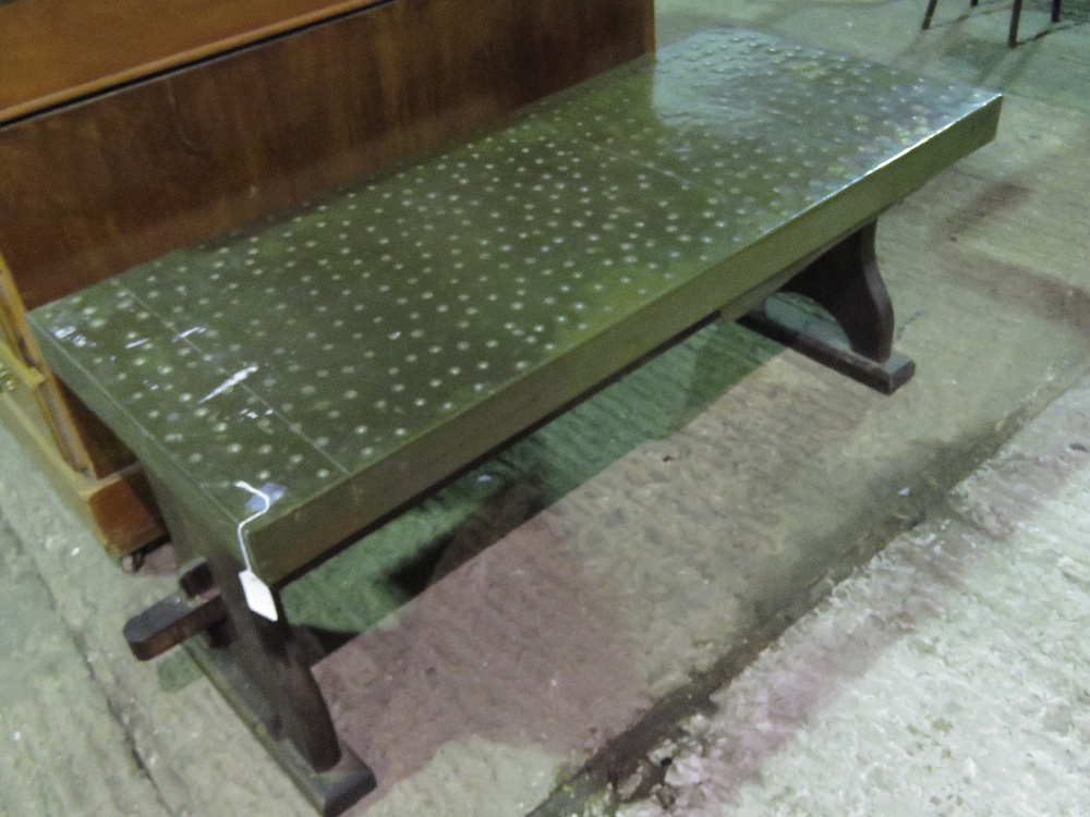 A bench having hammered copper top, 107 x 48cm.