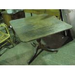 A square shaped four panel tilt top table raised over three outswept feet, 92cm wide,