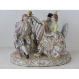 A Carl Thieme Dresden porcelain figural group comprising female harpist,