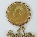 A 22ct gold George IV 1827 shield back full sovereign, 8g, in 9ct gold pendant mount,