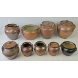 A collection of salt glazed stoneware jars, all with handles and some with lids, in various sizes,