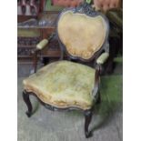 A good mahogany Victorian ladies elbow chair, carved shaped and pieced throughout.