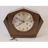 A 1930s Art Deco 8-day striking mantel clock in inlaid walnut case,