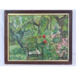 Yetta Kane, a garden scene in summer with a chair and doll amid flowering branches, oil on board,
