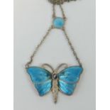 A delightful Charles Horner Sterling silver Art Nouveau enamelled butterfly necklace, clasp a/f,