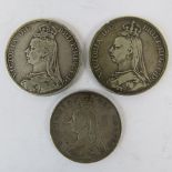 Three full silver Victoria crowns; 1888, 1889, and 1889 shield back. Each within protective pod.