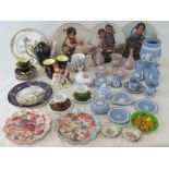 A quantity of assorted lilac and blue Wedgwood Jasperware including Christmas bauble, vases,