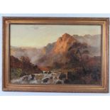 Oil on canvas; mountain scene in sunset, sky beyond, river and trees before, signed lower right,