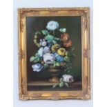 Oil on board, still life bowl of flowers, signed Mayers lower right, 29 x 39.5cm, in gilt frame.