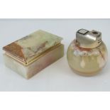 An alabaster table lighter by Win, together with a matching alabaster box with hinged lid,