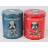 Two vintage 1960s Cow & Gate Milk Food cream advertising tins, 1961 (blue) and 1962 (red).
