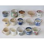 A small collection of 18thC and later English pottery and porcelain tea bowls, cans and mugs,