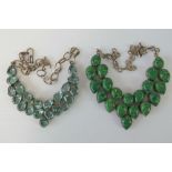 Two white metal handmade necklaces, one set with green hardstone cabachons,