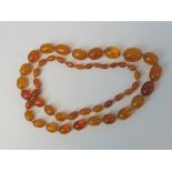 A string of graduated honey/eggyolk amber beads, individually knotted, largest 26mm, smallest 9mm,