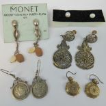 A pair of Victorian gilt metal earrings, together with a pair of pearl and silver studs,