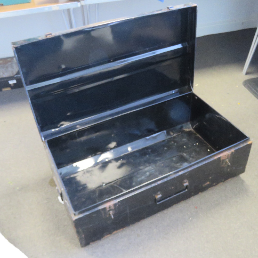 A large black painted metal travel trunk having drop end handles, 93 x 52 x 34cm. - Image 2 of 2