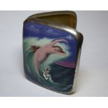 An early 20th Century German heavy enamelled white metal cigarette case depicting a naked maiden